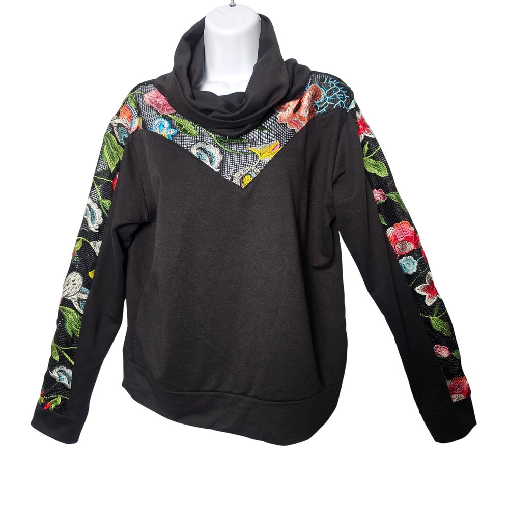 Womens Floral Embroidered Mesh Cowl Neck Top XL Black Dark Romantic Bambina Mia